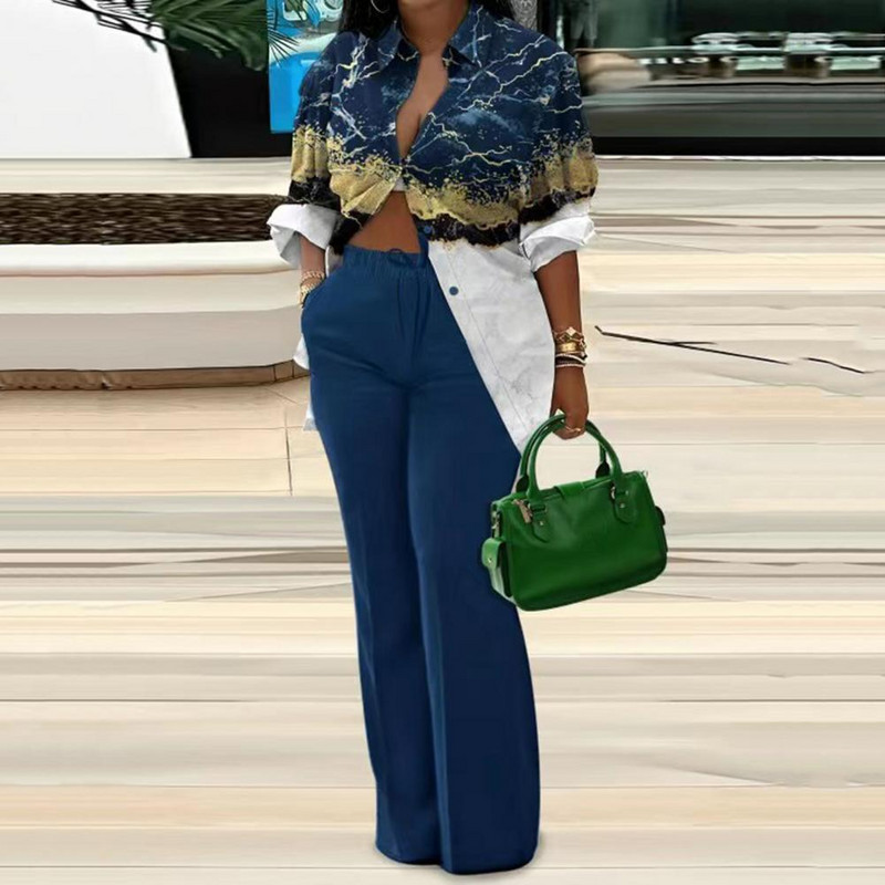 Jesenná módna potlač dvojdielna súprava pre ženy ležérne voľné gombíky s dlhým rukávom, elastické sťahovacie šnúrky, široké nohavice