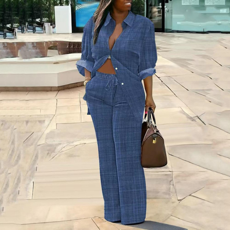 Jesenná módna potlač dvojdielna súprava pre ženy ležérne voľné gombíky s dlhým rukávom, elastické sťahovacie šnúrky, široké nohavice