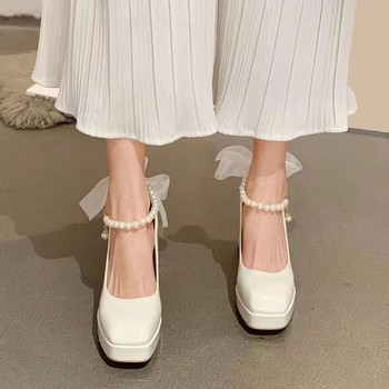 Дамски летни обувки Бели обувки с квадратни пръсти за жени 2023 Платформа Супер висок ток Готически японски стил Лолита Токчета Young E