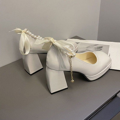 Ženska ljetna obuća Bijele cipele s četvrtastim prstima za žene 2023. Platforma na super visoku petu Gotički japanski stil Lolita pete Young E