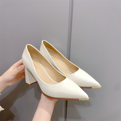 Ženska ljetna obuća Cipele s blok petom za žene 2023. Debele pete sa špicastim vrhovima crne super visoke normalne kožne ležerne uredske A