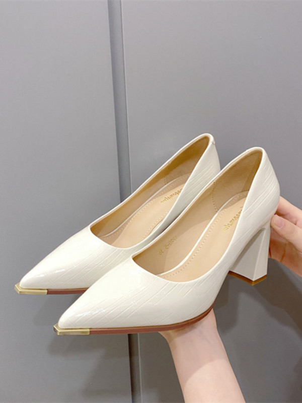 Ženska ljetna obuća Cipele s blok petom za žene 2023. Debele pete sa špicastim vrhovima crne super visoke normalne kožne ležerne uredske A