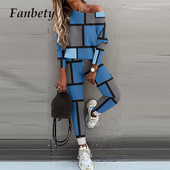 Φθινοπωρινές γυναικείες αθλητικές φόρμες με λοξό γιακά εκτός Σετ μπλούζες ώμου και μακρύ παντελόνι Casual Contrast Χρώμα καρό φούτερ Σετ 2 τμχ