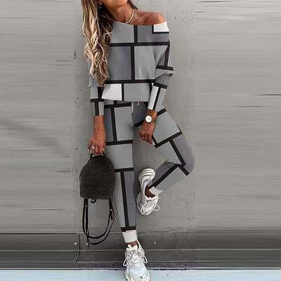 Φθινοπωρινές γυναικείες αθλητικές φόρμες με λοξό γιακά εκτός Σετ μπλούζες ώμου και μακρύ παντελόνι Casual Contrast Χρώμα καρό φούτερ Σετ 2 τμχ