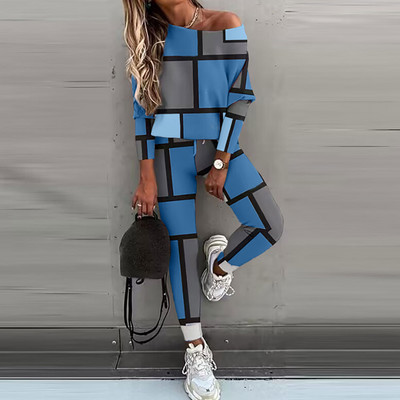 Φθινοπωρινές γυναικείες αθλητικές φόρμες με λοξό γιακά εκτός Σετ μπλούζες ώμου και μακρύ παντελόνι Casual Contrast Χρώμα καρό φούτερ Σετ 2 τμχ