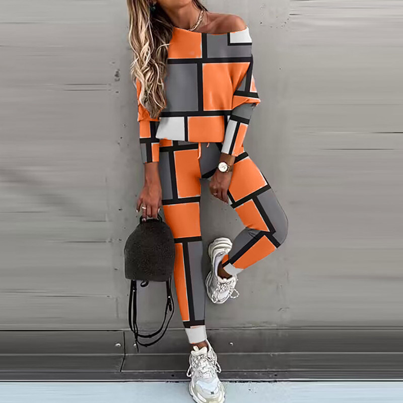 Φθινοπωρινές γυναικείες αθλητικές φόρμες με λοξό γιακά εκτός Σετ μπλούζες ώμου και μακρύ παντελόνι Casual Contrast Χρώμα καρό φούτερ Σετ 2 τμχ