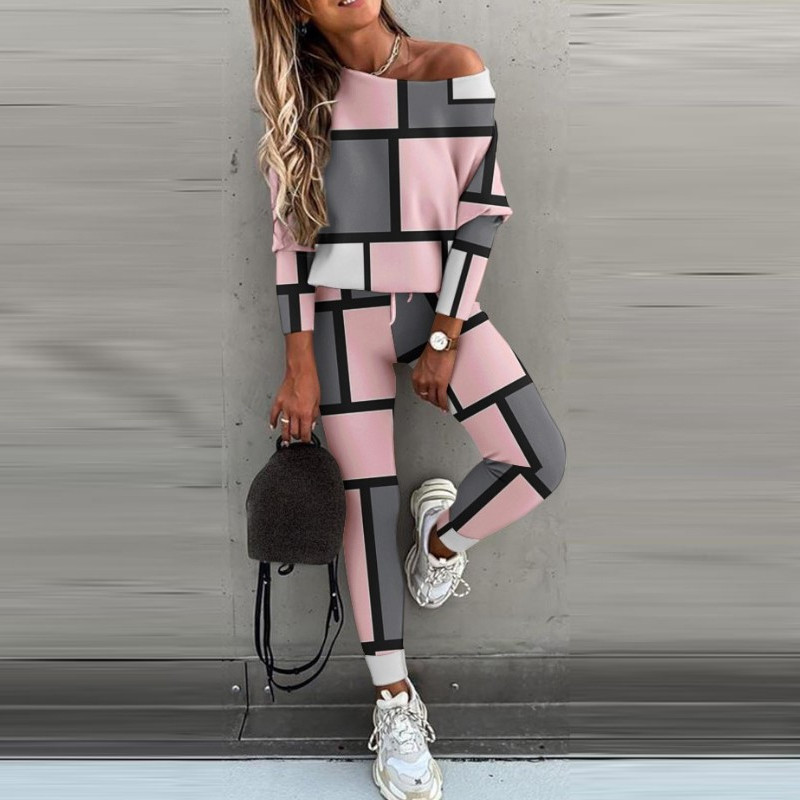 Φθινοπωρινές γυναικείες αθλητικές φόρμες με λοξό γιακά εκτός Σετ μπλούζες ώμου και μακρύ παντελόνι Casual Contrast Χρώμα καρό φούτερ Σετ 2 τμχ