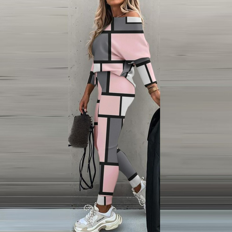 Φθινοπωρινές γυναικείες αθλητικές φόρμες με λοξό γιακά εκτός Σετ μπλούζες ώμου και μακρύ παντελόνι Casual Contrast Χρώμα καρό φούτερ Σετ 2 τμχ