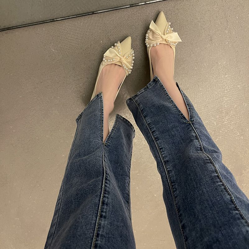 Dámske letné topánky s mašľou na vysokých podpätkoch pre ženy 2023 Perlové lodičky na hrubom podpätku so špicatou špičkou, blokový podpätok, štýlové AE