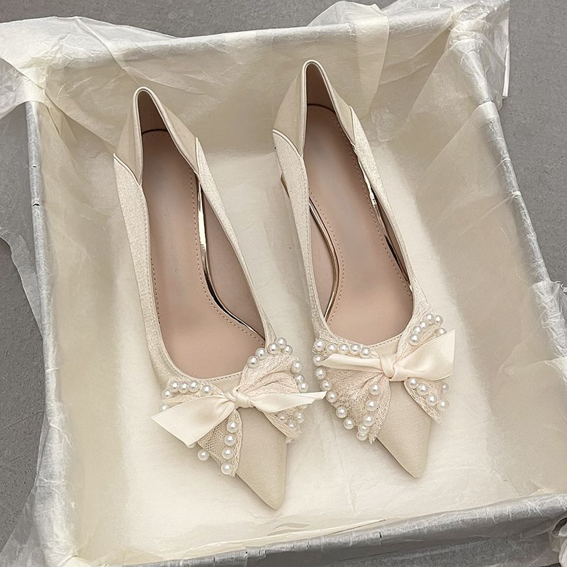 Dámske letné topánky s mašľou na vysokých podpätkoch pre ženy 2023 Perlové lodičky na hrubom podpätku so špicatou špičkou, blokový podpätok, štýlové AE