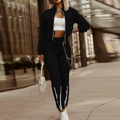 Módny kardigan s golierom a elastickým pásom, ležérne nohavice, obleky, dámska tepláková súprava, zipsový kabát, nohavice, 2-dielna súprava