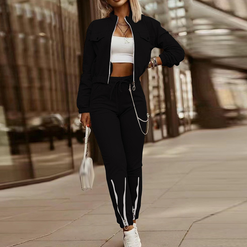 Módny kardigan s golierom a elastickým pásom, ležérne nohavice, obleky, dámska tepláková súprava, zipsový kabát, nohavice, 2-dielna súprava