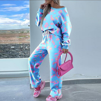 Ženska majica s dugim rukavima i hlače na vezanje Modni dvodijelni komplet s printom usana Trenirka Jesen Ležerno široko sportsko odijelo