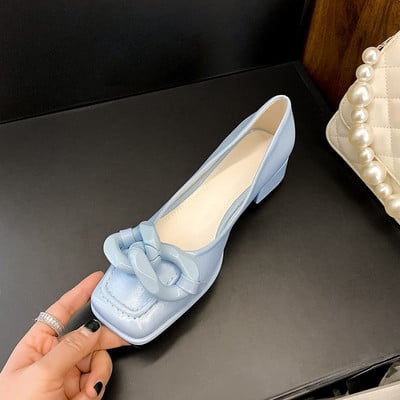 Dámske topánky 2023 so strednými podpätkami, dámska letná obuv so štvorcovou špičkou, žltá, zľava, jar, móda Y2k, šik, elegantný bod