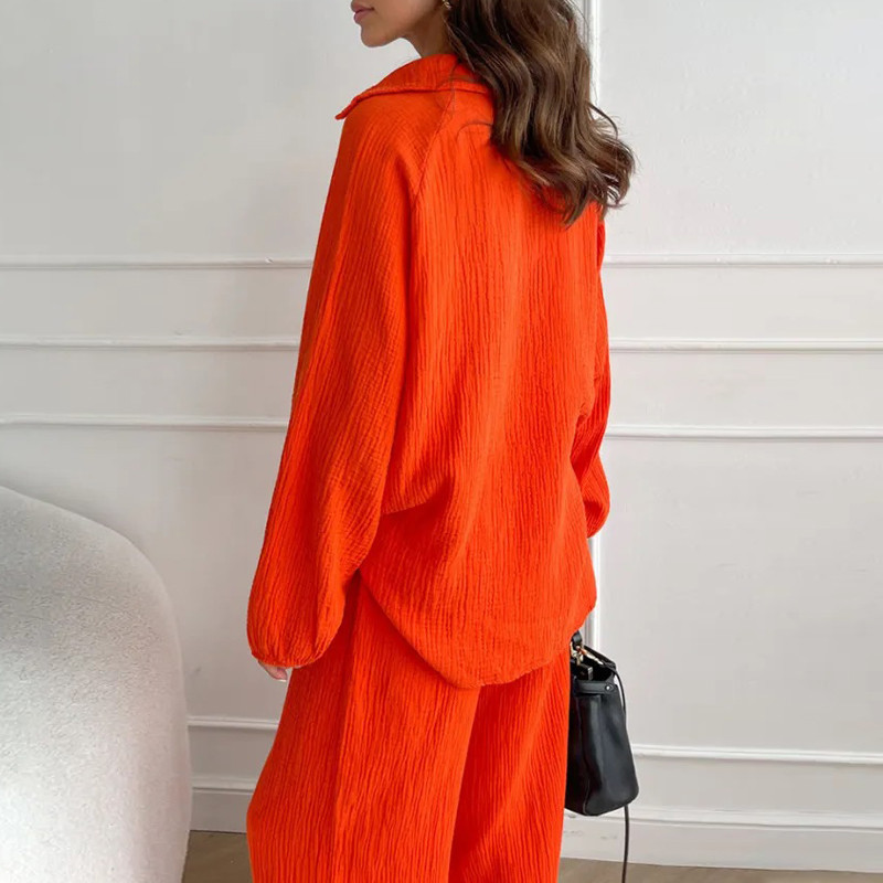 Jesenné dámske jednofarebné klopové dvojdielne súpravy Elegantné dámske ležérne voľné outfity Dámsky top s dlhým rukávom + dlhé nohavice so sťahovacou šnúrkou