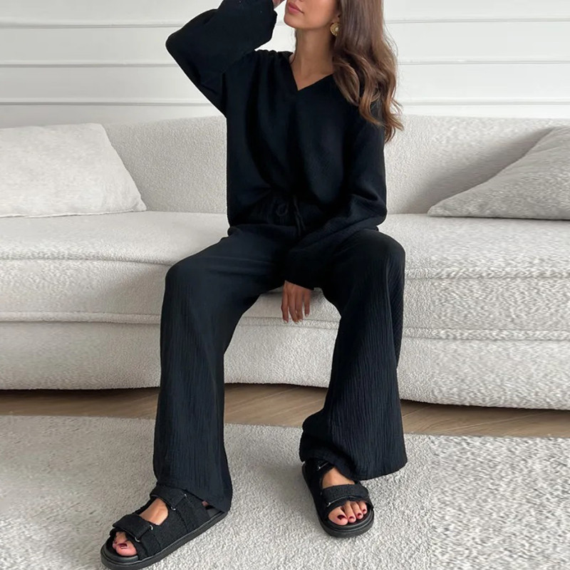 Jesenné dámske jednofarebné klopové dvojdielne súpravy Elegantné dámske ležérne voľné outfity Dámsky top s dlhým rukávom + dlhé nohavice so sťahovacou šnúrkou