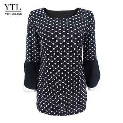 Yitonglian Γυναικεία Άνοιξη Καλοκαίρι Vintage πουά τουνίκ Τοπ στρογγυλή λαιμόκοψη Plus μέγεθος Κομψή μπλούζα casual 6XL 7XL 8XL H368