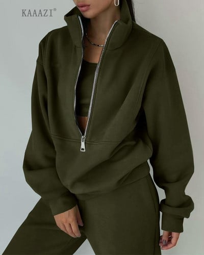 KAAAZI Casual μακρυμάνικο χειμωνιάτικο γυναικείο φούτερ με ψηλό γιακά με φερμουάρ σετ 2 τεμαχίων αθλητικό παντελόνι Φούτερ παντελόνι συν μεγέθους κοστούμι μόδας