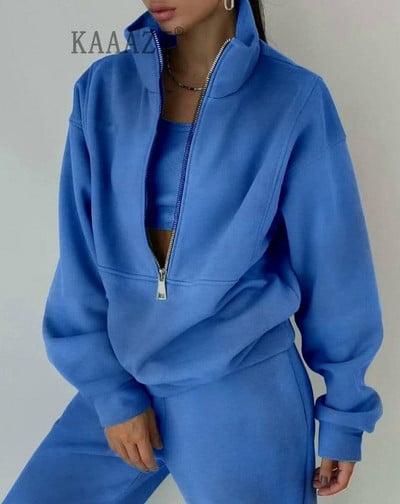 KAAAZI Casual μακρυμάνικο χειμωνιάτικο γυναικείο φούτερ με ψηλό γιακά με φερμουάρ σετ 2 τεμαχίων αθλητικό παντελόνι Φούτερ παντελόνι συν μεγέθους κοστούμι μόδας