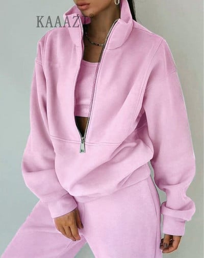 KAAAZI Casual μακρυμάνικο χειμωνιάτικο γυναικείο φούτερ με ψηλό γιακά με φερμουάρ σετ 2 τεμαχίων αθλητικό παντελόνι Φούτερ παντελόνι συν μεγέθους κοστούμι μόδας