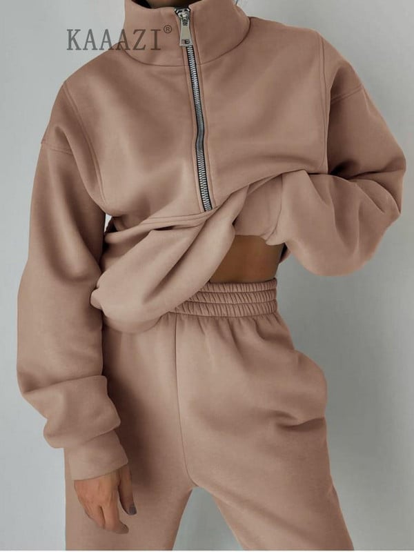 KAAAZI Casual μακρυμάνικο χειμωνιάτικο γυναικείο φούτερ με ψηλό γιακά με φερμουάρ σετ 2 τεμαχίων αθλητικό παντελόνι Φούτερ παντελόνι συν μεγέθους κοστούμι μόδας