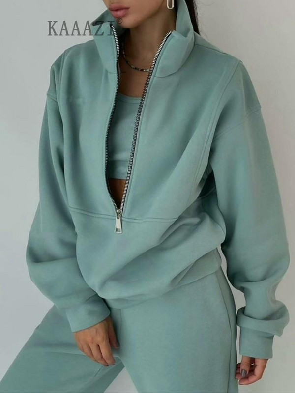 KAAAZI Casual μακρυμάνικο χειμωνιάτικο γυναικείο φούτερ με ψηλό γιακά με φερμουάρ σετ 2 τεμαχίων αθλητικό παντελόνι Φούτερ παντελόνι συν μεγέθους κοστούμι μόδας