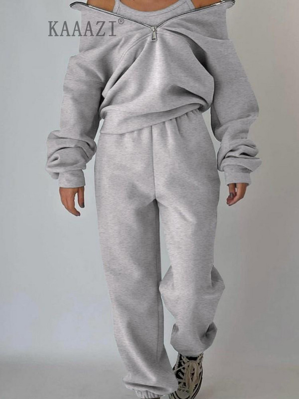KAAAZI Casual μακρυμάνικο χειμωνιάτικο γυναικείο φούτερ με ψηλό γιακά με φερμουάρ σετ 2 τεμαχίων αθλητικό παντελόνι Φούτερ παντελόνι συν μεγέθους κοστούμι μόδας