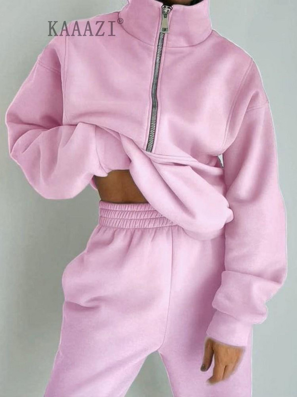 KAAAZI Casual μακρυμάνικο χειμωνιάτικο γυναικείο φούτερ με ψηλό γιακά με φερμουάρ σετ 2 τεμαχίων αθλητικό παντελόνι Φούτερ παντελόνι συν μεγέθους κοστούμι μόδας