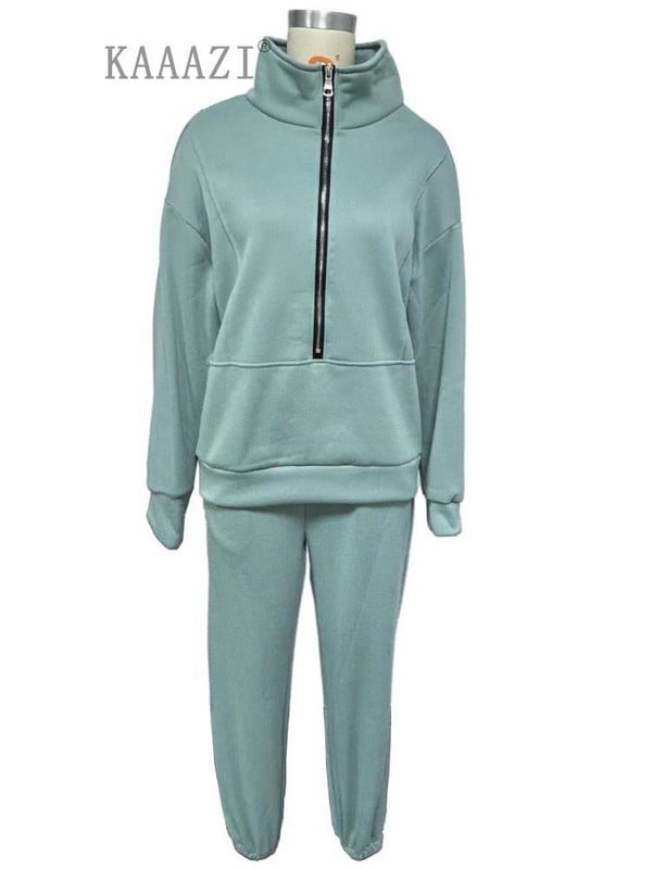 KAAAZI Casual μακρυμάνικο χειμωνιάτικο γυναικείο φούτερ με ψηλό γιακά με φερμουάρ σετ 2 τεμαχίων αθλητικό παντελόνι Φούτερ παντελόνι συν μεγέθους κοστούμι μόδας
