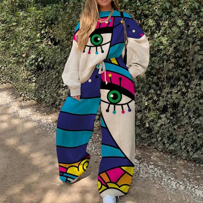 Φούτερ Y2K Fashion print Φόρμα αθλητικής φόρμας Loose casual μακρυμάνικο πουλόβερ μπλούζες και ψηλόμεσο παντελόνι τσέπη Γυναικεία σετ 2 τμχ