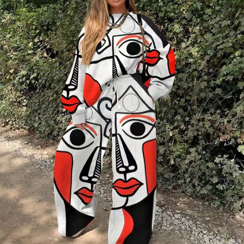 Φούτερ Y2K Fashion print Φόρμα αθλητικής φόρμας Loose casual μακρυμάνικο πουλόβερ μπλούζες και ψηλόμεσο παντελόνι τσέπη Γυναικεία σετ 2 τμχ