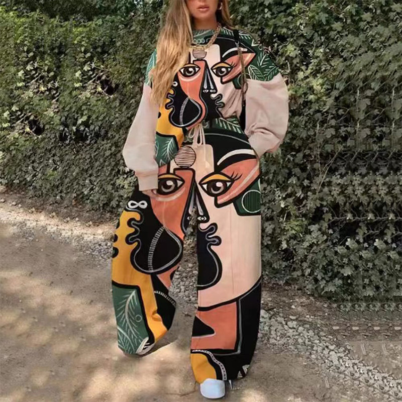 Φούτερ Y2K Fashion print Φόρμα αθλητικής φόρμας Loose casual μακρυμάνικο πουλόβερ μπλούζες και ψηλόμεσο παντελόνι τσέπη Γυναικεία σετ 2 τμχ