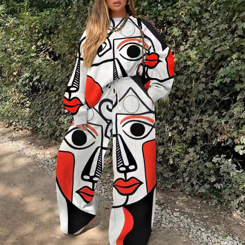 Φούτερ Y2K Fashion print Φόρμα αθλητικής φόρμας Loose casual μακρυμάνικο πουλόβερ μπλούζες και ψηλόμεσο παντελόνι τσέπη Γυναικεία σετ 2 τμχ