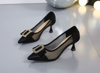 Дамски летни обувки Сандали със средни токчета Обувки за жени 2023 г. Кристални кристали Stilito Черни остри пръсти Диамант AE
