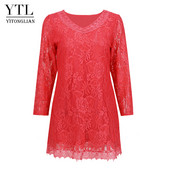 Yitonglian Elegant Κλασική φλοράλ δαντέλα με βελονάκι μπλούζα τουνίκ μπλούζα τριών τετάρτων μανίκι V λαιμόκοψη για γυναικείες μπλούζες H424