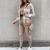 Moteriškas džemperis + languoto rašto megztinis su gobtuvu + pieštukų kelnių rinkiniai moteriški laisvalaikio sportinė apranga ilgomis rankovėmis Elegantiški trijų dalių kostiumai