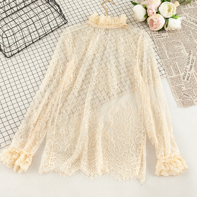 Elegantna ženska široka majica s izdubljenim rukavima od čipke s cvjetovima i mrežastim gazom od voala Osnovna košulja s volanima Vintage elastični uski pulover Bluza