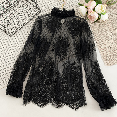 Elegantna ženska široka majica s izdubljenim rukavima od čipke s cvjetovima i mrežastim gazom od voala Osnovna košulja s volanima Vintage elastični uski pulover Bluza