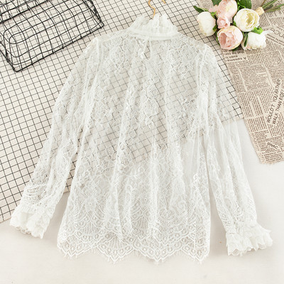 Elegantna ženska široka majica s izdubljenim rukavima od čipke s cvjetovima i mrežastim gazom od voala Osnovna košulja s volanima Vintage elastični uski pulover Bluza