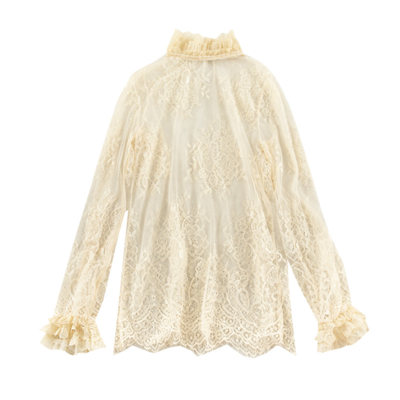 Elegantna ženska široka majica s izdubljenim rukavima od čipke s cvjetovima i mrežastim gazom od voala Osnovna košulja s volanima Vintage elastični uski pulover Bluza