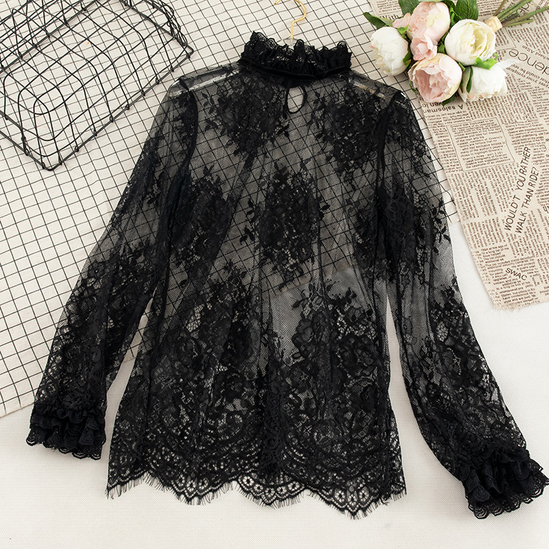 Elegantna ženska široka majica s izdubljenim rukavima od čipke s cvjetovima i mrežastim gazom od voala Osnovna košulja s volanima Vintage elastični uski pulover Bluza