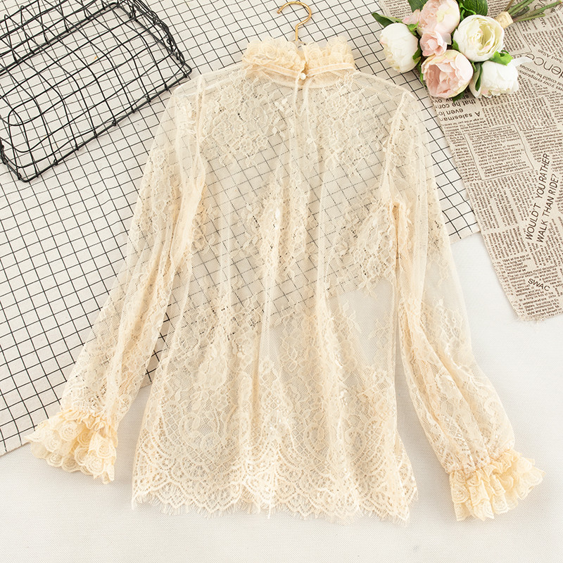 Elegantna ženska široka majica s izdubljenim rukavima od čipke s cvjetovima i mrežastim gazom od voala Osnovna košulja s volanima Vintage elastični uski pulover Bluza