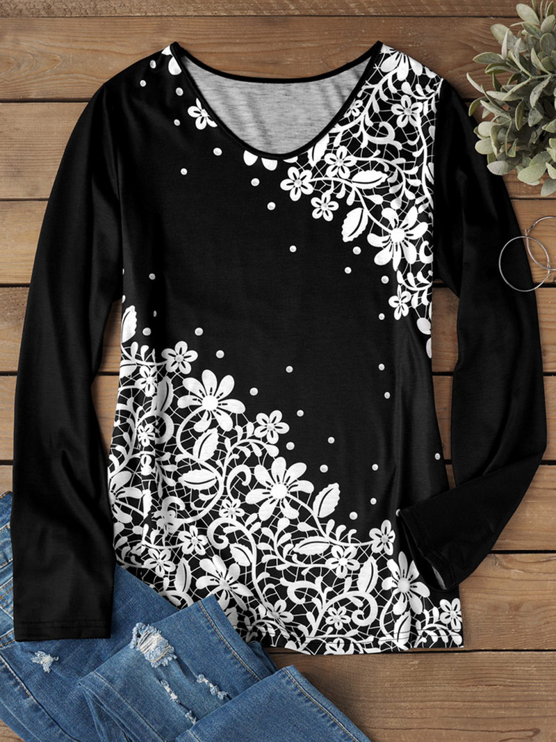 2023 Kvetinová čipkovaná grafická blúzka s dlhým rukávom Dámske oblečenie Elegantné ženské voľné módne ležérne topy s dlhým rukávom Nové vrchné oblečenie