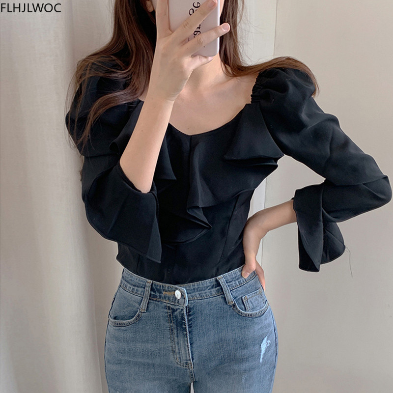 Volánkové topy a blúzky Jesenné základné oblečenie Rozšírené rukávy Elegantné kórejské módne košele Čierne dámske topy s odhalenými ramenami Blusy