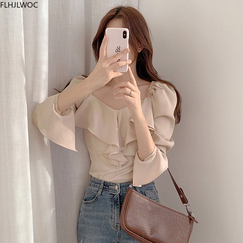 Volánkové topy a blúzky Jesenné základné oblečenie Rozšírené rukávy Elegantné kórejské módne košele Čierne dámske topy s odhalenými ramenami Blusy