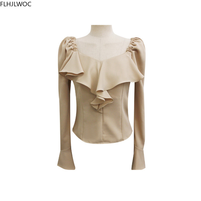 Volánkové topy a blúzky Jesenné základné oblečenie Rozšírené rukávy Elegantné kórejské módne košele Čierne dámske topy s odhalenými ramenami Blusy