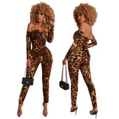 Novi jesenski ženski kombinezon s leopard printom dugih rukava, ženske hlače, smeđe modne, uske ženske seksi kombinezone uz tijelo