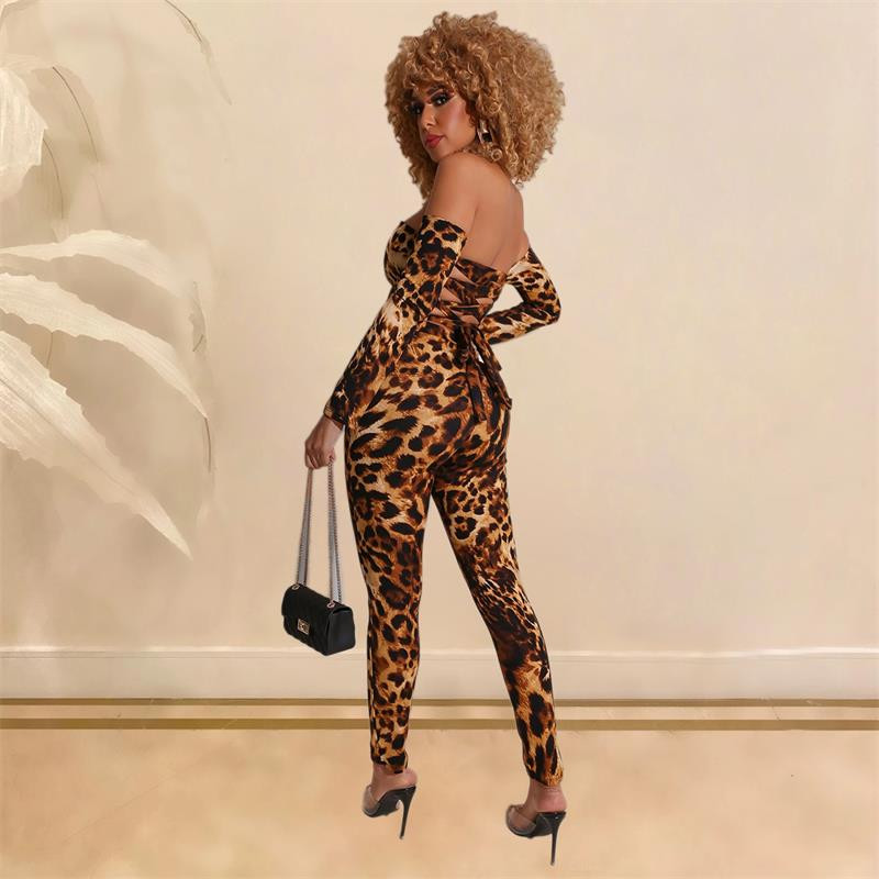 Novi jesenski ženski kombinezon s leopard printom dugih rukava, ženske hlače, smeđe modne, uske ženske seksi kombinezone uz tijelo