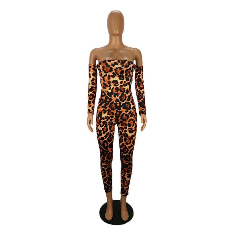 Novi jesenski ženski kombinezon s leopard printom dugih rukava, ženske hlače, smeđe modne, uske ženske seksi kombinezone uz tijelo