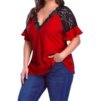 Μπλουζάκι Womail Plus Size Tops Σέξι γυναικεία κοντό βολάν μανίκι βαθύ V λαιμόκοψη Συνονθύλευμα Φαρδιά μπλούζα T-shirt Loose Fit